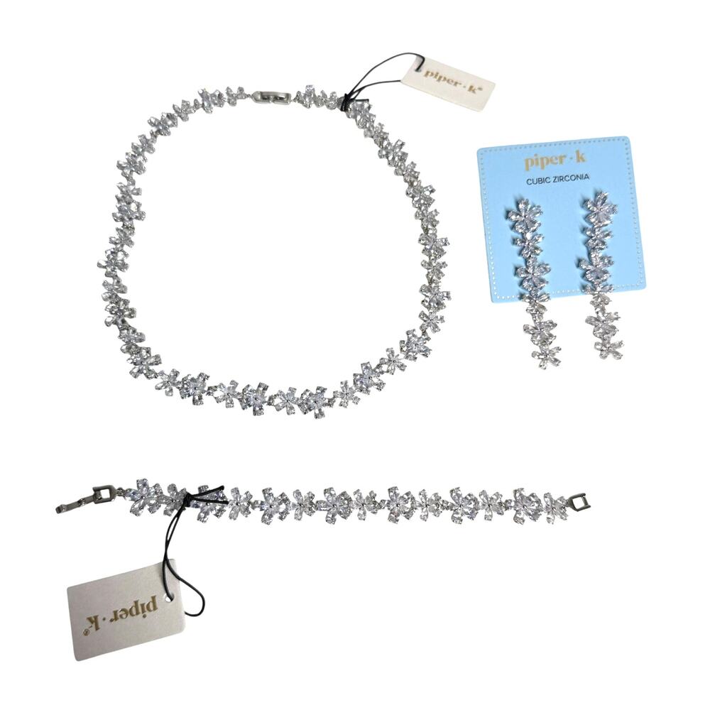 Piper K Cubic Zirconia 3-Piece Bridal Formal silver crystal floral Jewelry Set